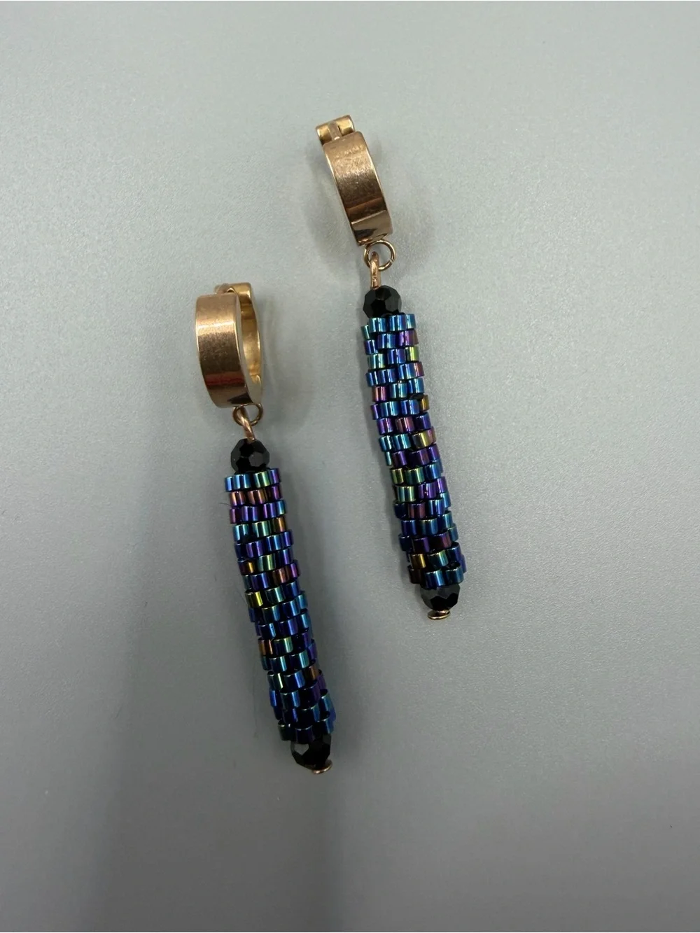 Gold Hoop Earrings with Iridescent Blue Beaded Drops
